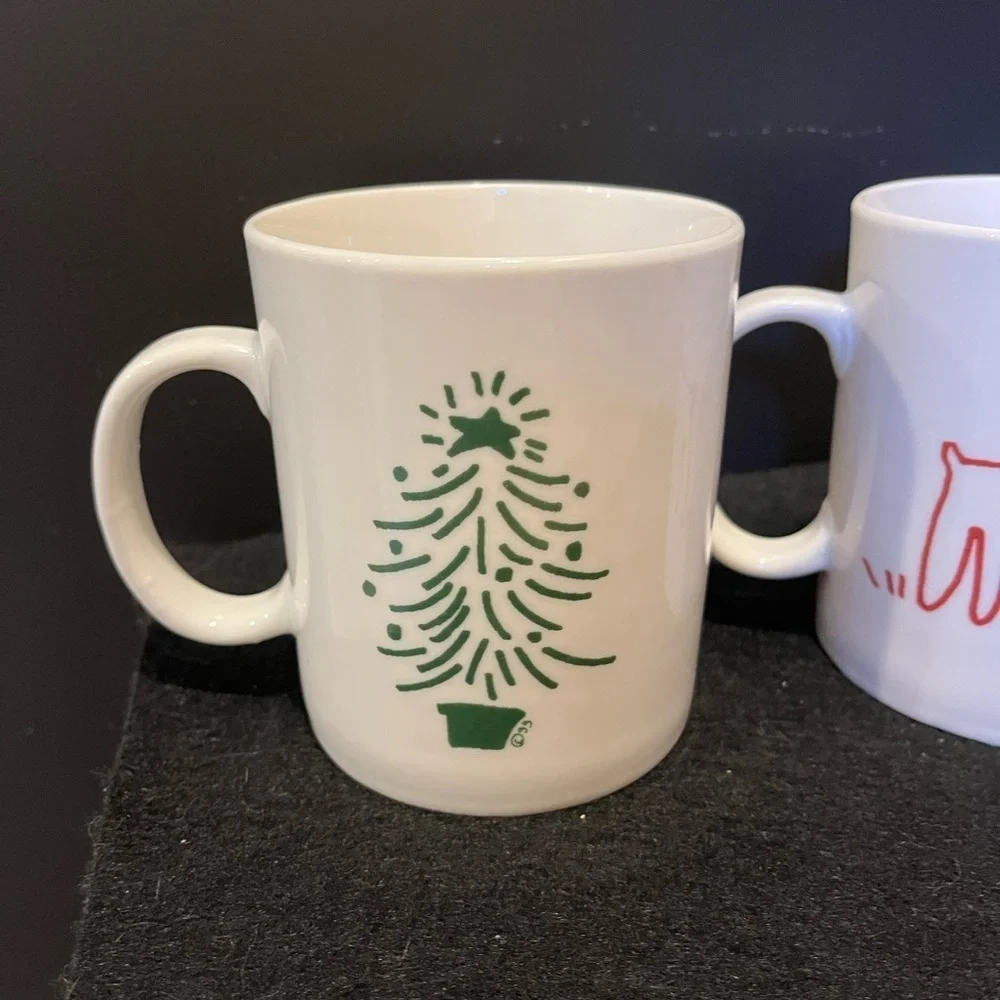 Crate&Barrel Christmas Tree and Reindeer Holiday Mug Set by Trish Richman 16 oz.